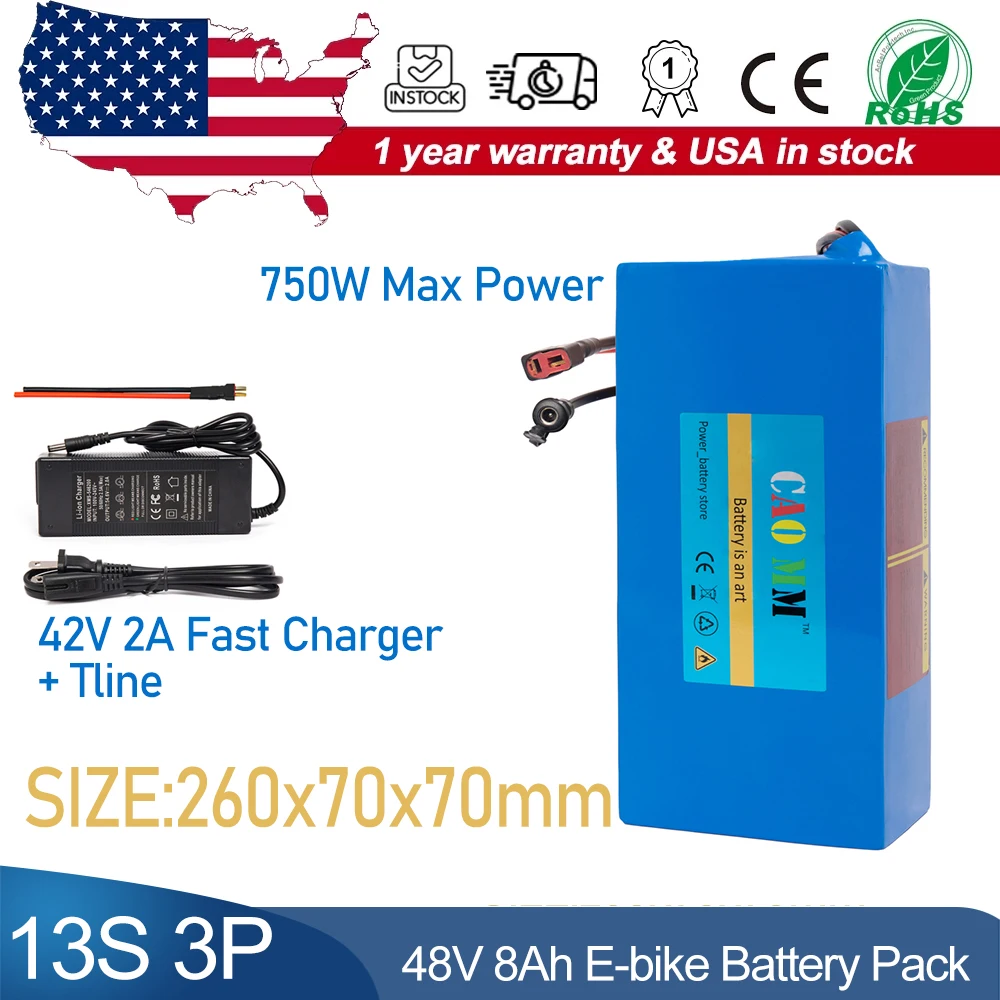 

CaoMM 48V 8Ah Battery Pack 18650 Cell 13S3P LiFePo4 for 750W Electric Bike Batties Motor Scooter Bicycles with 42V 2A/4A Charger