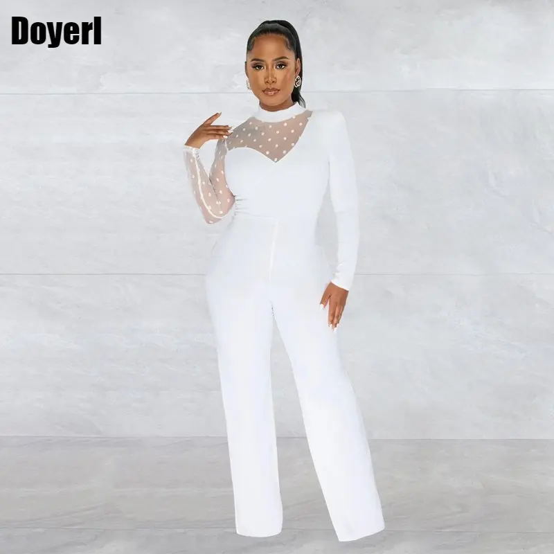Elegant White Jumpsuit Women 2022 High Quality Fashion Dot Patchwork Long Pants Romper Evening Party Jumpsuit Overalls for Women