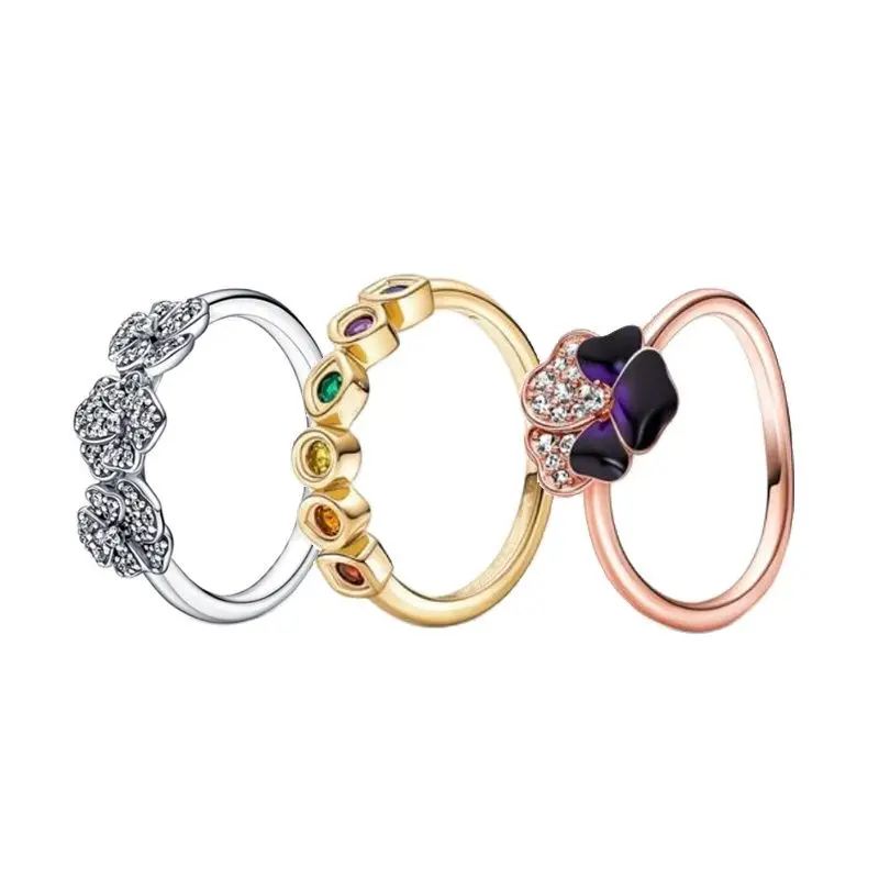 

2022 Trends Fashion LR 925 Sterling Silver Rose Gold Charm Jewelry Three Linked Dark Purple Pansy Rings For Women Girl Gift
