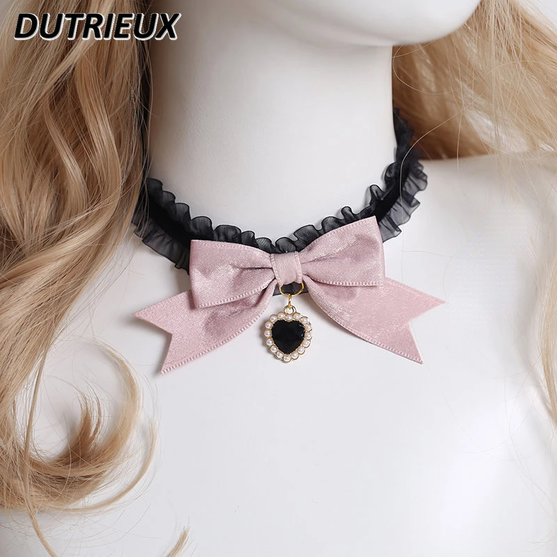 

Lace Bow Handmade Black Sweet Necklace Clavicle Chain Collar Cute Sweet Girls Lolita Necklace Maid Clothing Accessories Torques