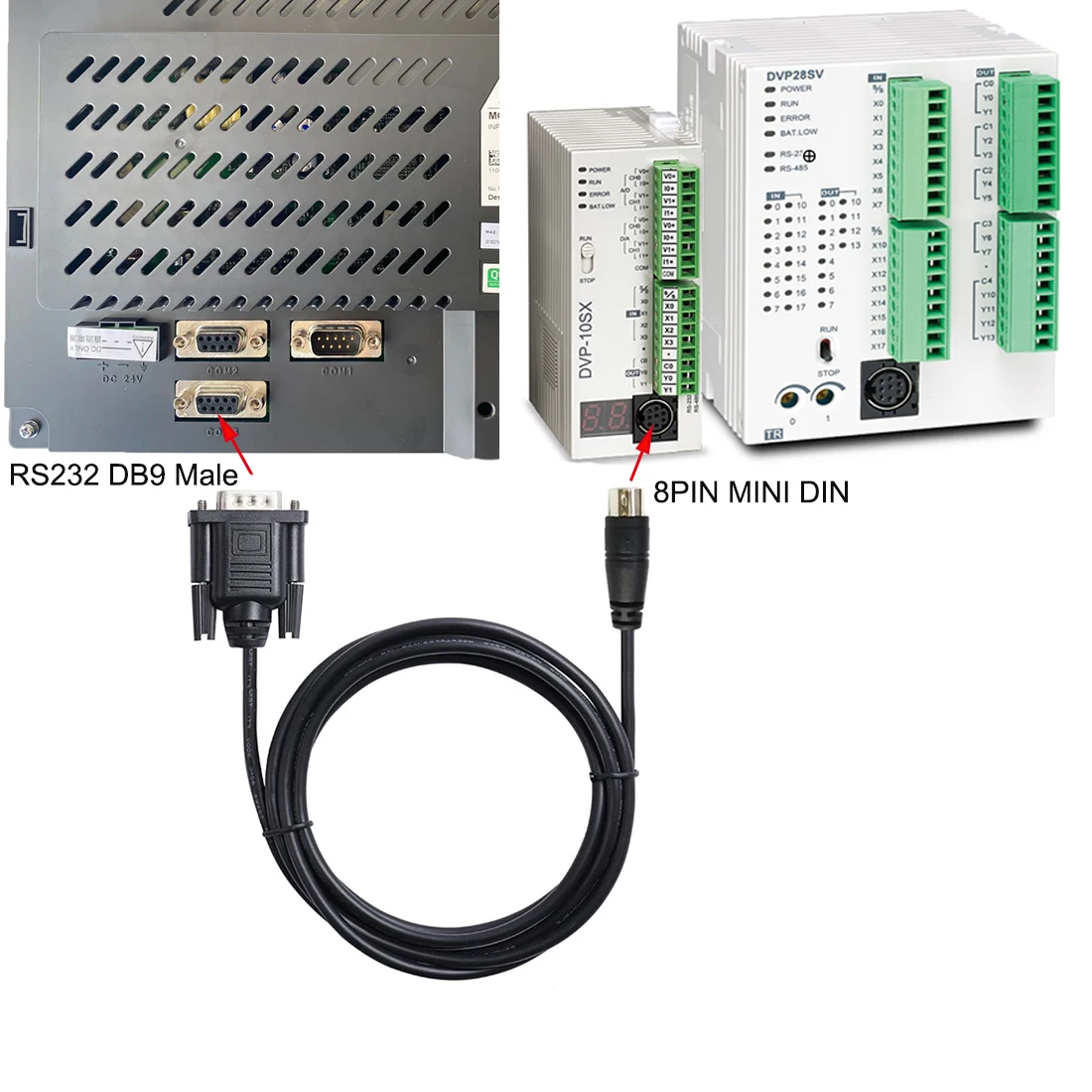 Фото Последовательный кабель RS232 DB9 «папа» — Mini Din 8P для подключения HMI Delta DVP PLC и DOP — коммуникационный кабель промышленного класса №1