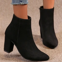new women boots solid point toe shoes ladies platform boots female suede leather booties ankle boots with thick heels