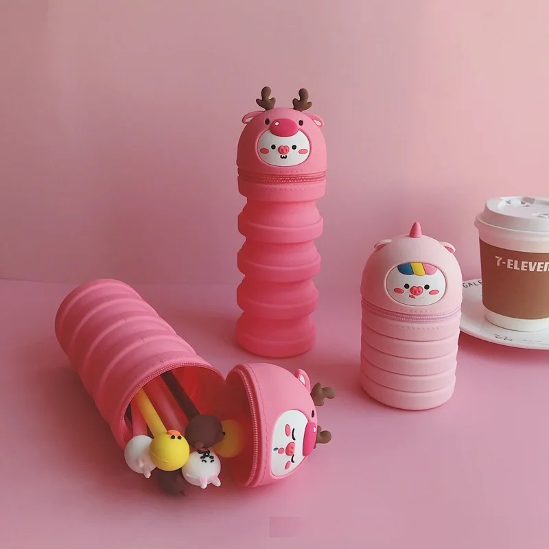 

Kawaii Silicone Pencil Case Cartoon Bear and Rabbit Retractable Pen Holder Children's Creative Stationery Box Cartoons Pen Bag