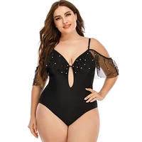 2022 new summer one piece swimsuit sexy cutout sling mesh pearl off shoulder womens solid color plus size beach swimsuit l 5xl