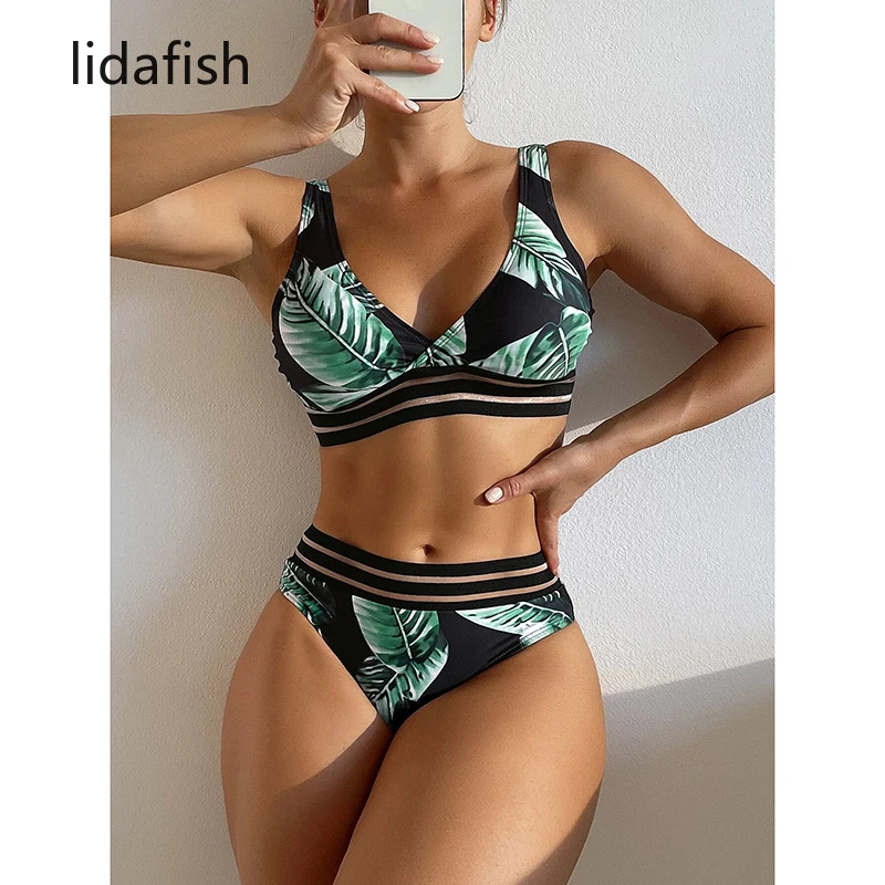 

lidafish New Bikini Set Sexy High Waist Swimsuit Women Printed Push Up Bathing Suit Two Piece Set V-neck Swimwear