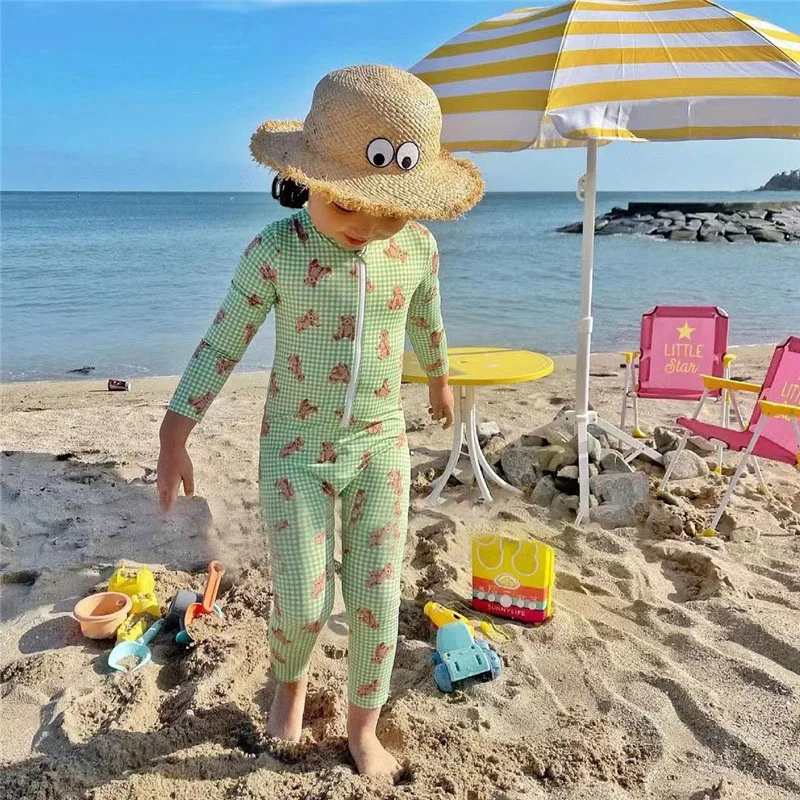 Детские купальники для девочек купальник в клетку с мультяшным медведем и шапкой