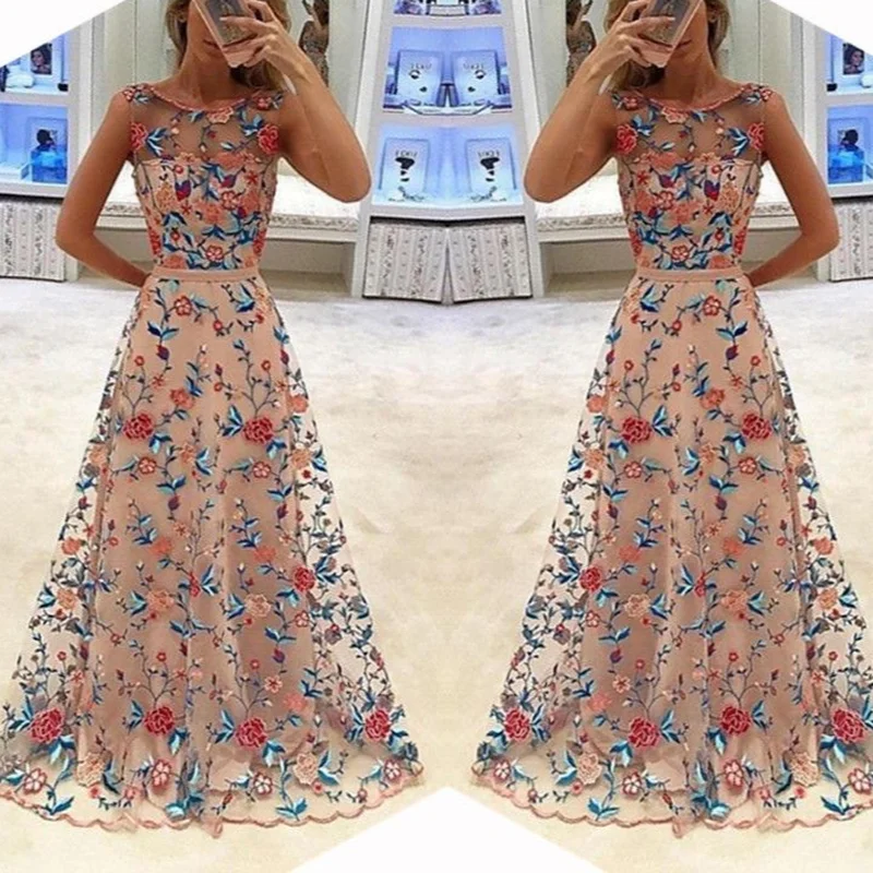 

2021 Summer Women SexySleeveless Mesh Party Dress O-Neck High Waist Embroidery Fashion Big Swing Long Dress Vestidos De Verano
