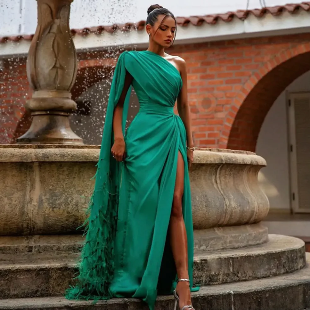 

Hunter Green Mermaid Prom Party Gown One-Shoulder Floor-Length Sweep Train Satin long Backless Thigh-High Slits Custom