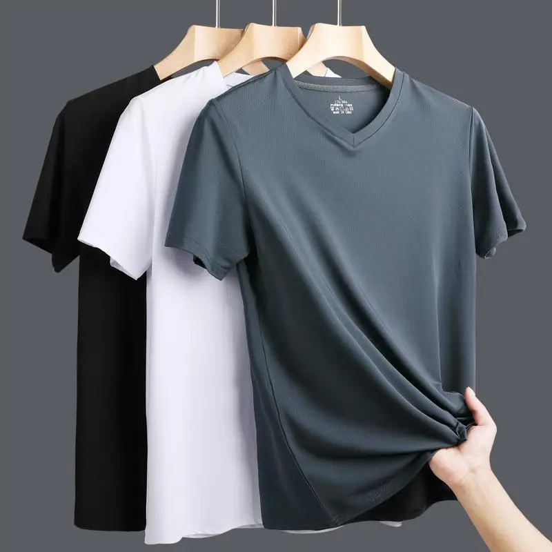 

Men Clothing Streetwear Ice Silk Short-sleeved T-shirt Men's Summer Men's V-neck Solid Color T-shirt Men's Top