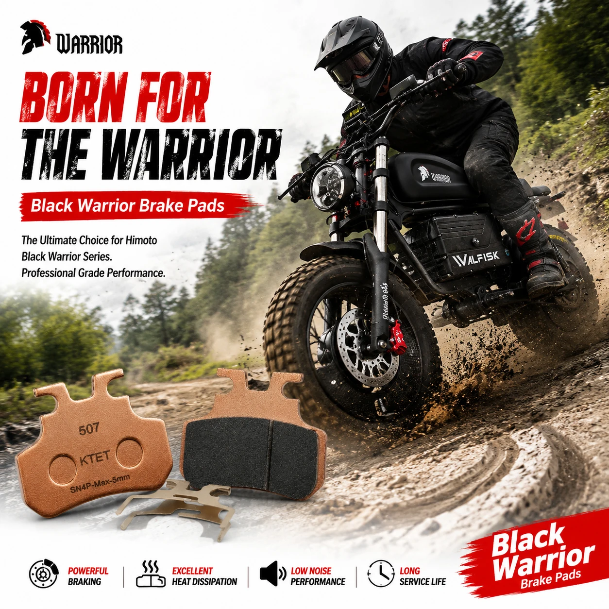 Фото Тормозные колодки Black Warrior, полуметаллические, износостойкие, для Himoto, OWAYEBIKE, WALFISK, EKXBike, KTET, SN-V4, XD-SN-4P, всепогодные №2