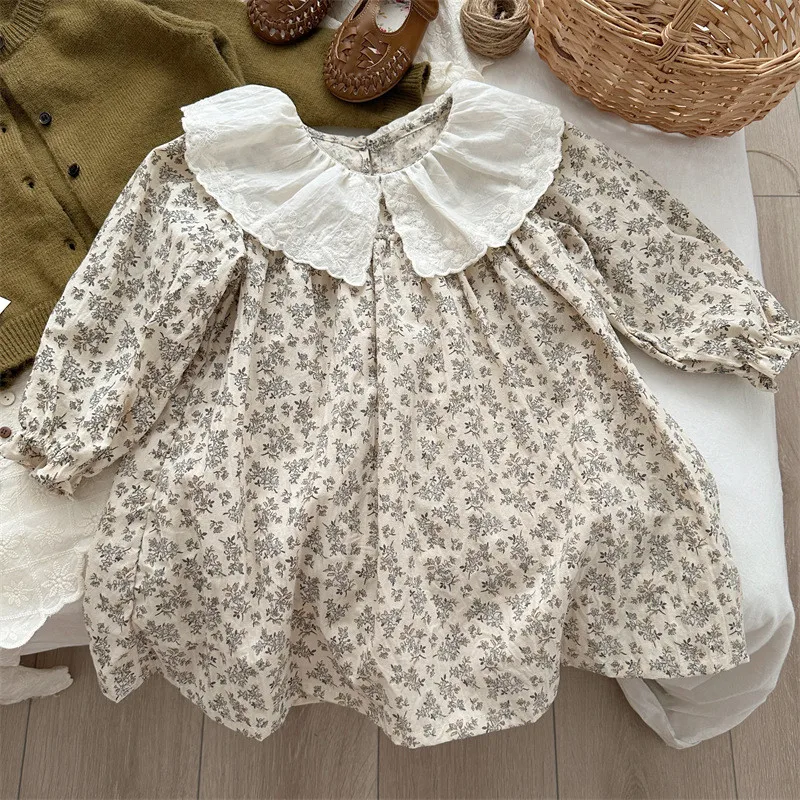 

deer jonmi New 2023 Autumn Korean Style Baby Girls Floral Printed Dress Embroidery Lace Toddlers Kids Cotton Princess Dresses