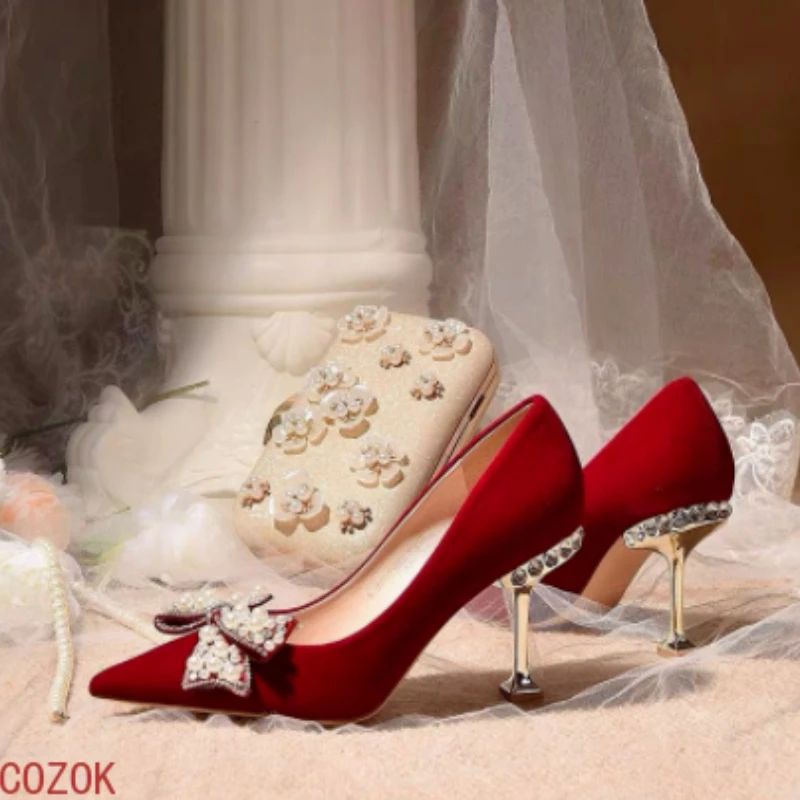 

Wedding shoes cat with pointed rhinestone bow suede high heels spring 2022 new Korean Chinese wedding women's shoes 34-39
