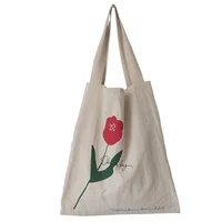 1 Pc Women Red Flower Pattern Shoulder Bag Cotton Linen Large Shopping Bag Casual Female Reusable Shopping Tote Bag