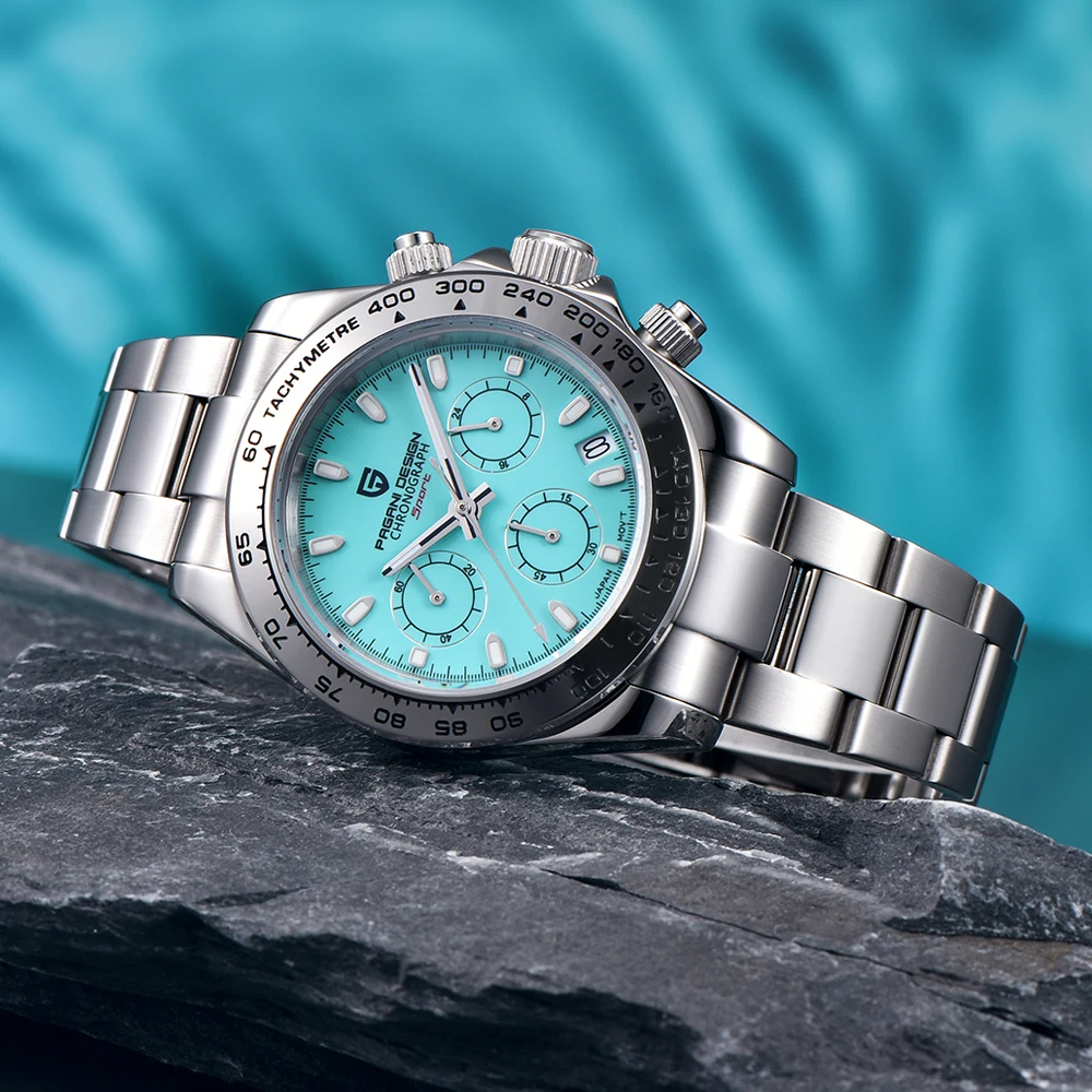 Ice Blue Dial Pagani Design Chronograph Watch for Men Elegant Womens Watches VK63 100m Waterproof Bezel Sapphire Glass Relojes