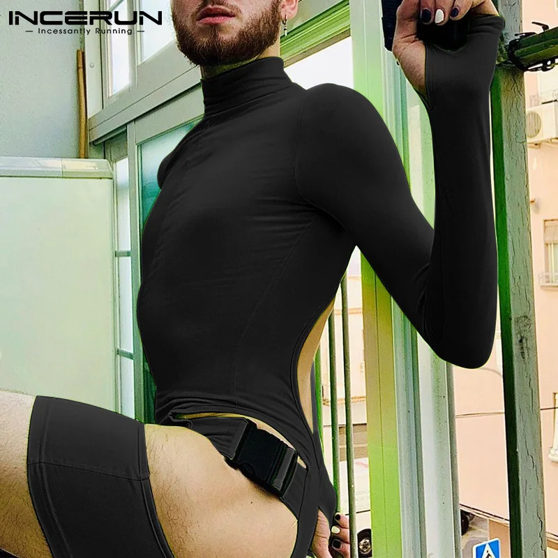 INCERUN New Men's Fashion Casual Style All-match Jumpsuits Stylish Male Solid Hollow Out Long Sleeve High Collar Bodysuits S-5XL