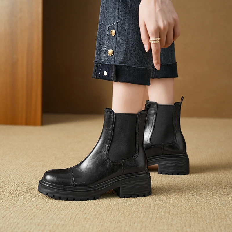 Women's Classic Winter Leather Chelsea Boots with Chunky Lug Sole Round Cap Toe and Elasticized Sides for Easy Slip-On