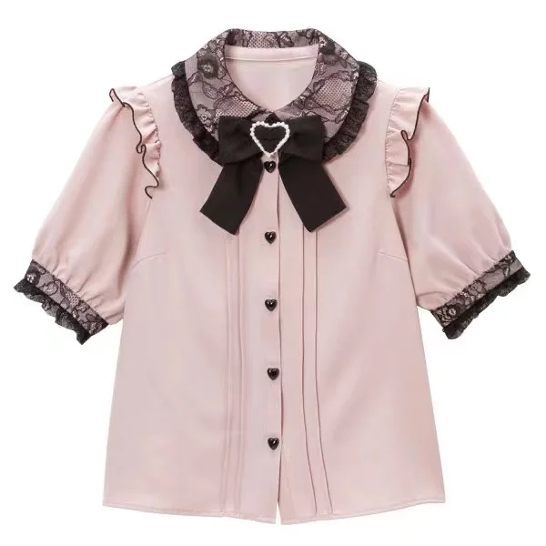 

High Quality Women's Blouses Shirt Japanese Lolita Clothing 2023 Short Sleeve Love Heart Blouses Top Black White Pink