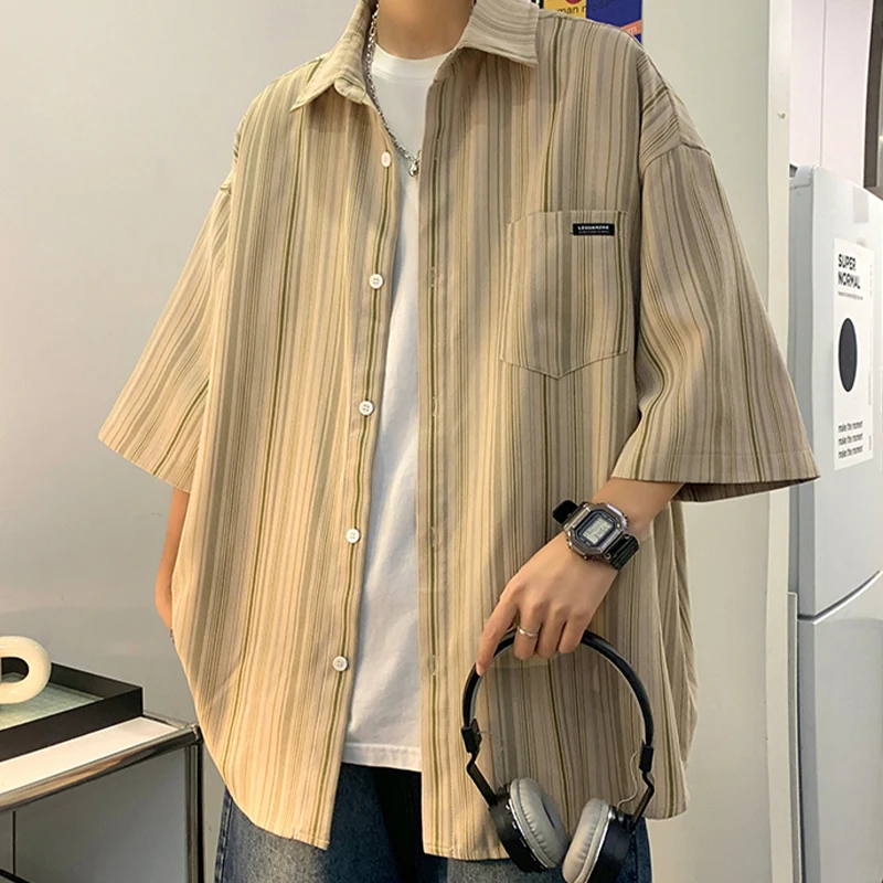 

LAPPSTER-Youth Striped Harajuku Vintage Short Sleeve Shirt Men Japanese Style Loose Casual Blouses Korean Fashions Beach Shirt