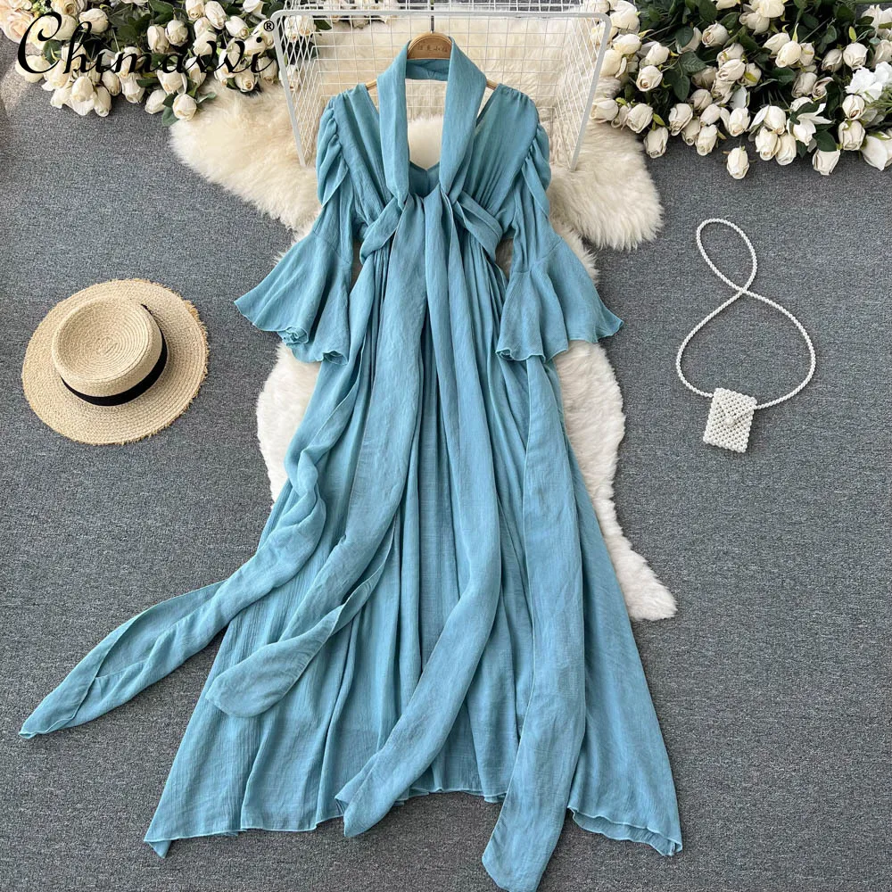 

Женское праздничное платье с лямкой на шее, весеннее приталенное Элегантное Длинное Платье-миди с V-образным вырезом и высокой талией, 2022