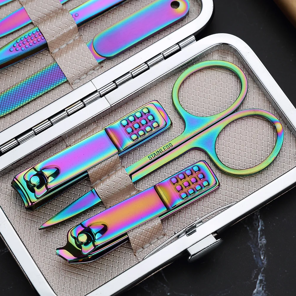 

7/8Pcs Color Titanium Nail Clipper Set Professional Stainless Steel Nail Scissors Clipper Tweezer Tools Manicure Foot Hand Care