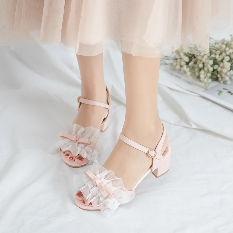 Summer Ladies Lace Bow Wedding Shoes Bridal Sandals Women Stiletto Lolita Heels Female Bride Princess Sandal Pink White Big Size