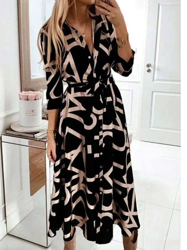 

Summer New Women's Dress V-neck Print Spring Long-sleeved Lace-up Dress with Elegant Temperament
