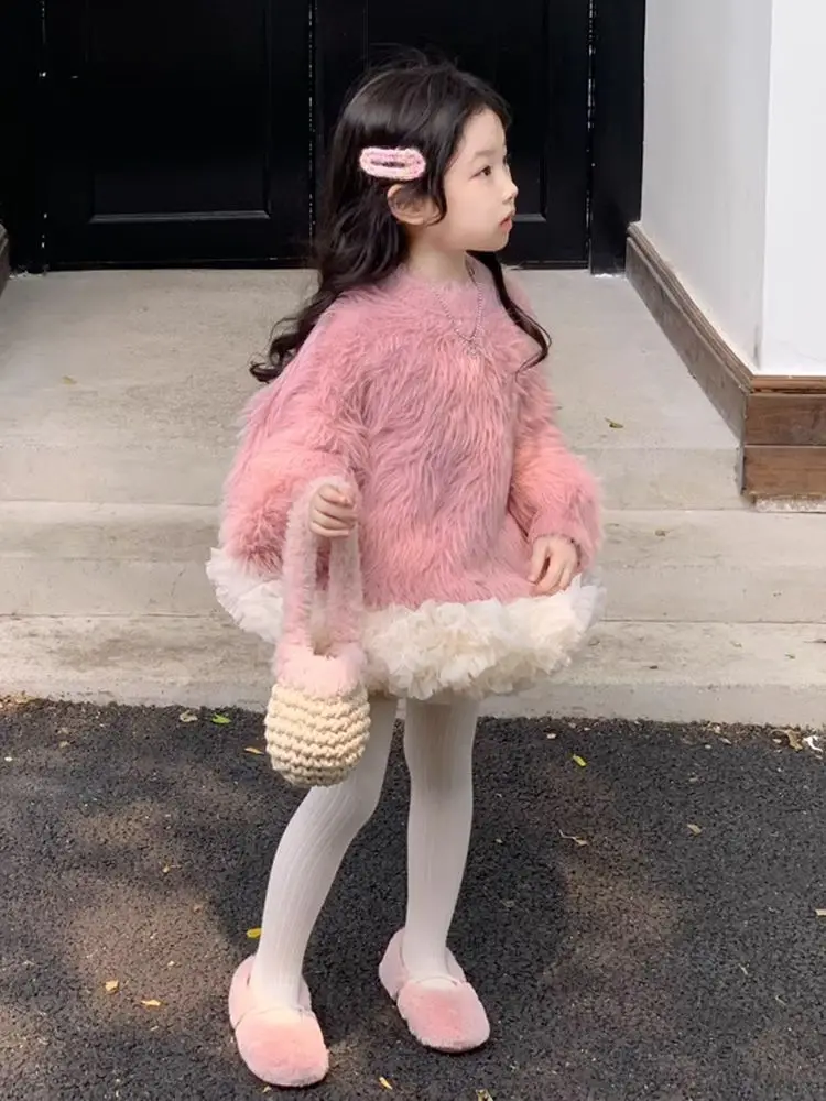 Корейский комплект детской одежды осень-зима 2024 новый розовый меховой топ для