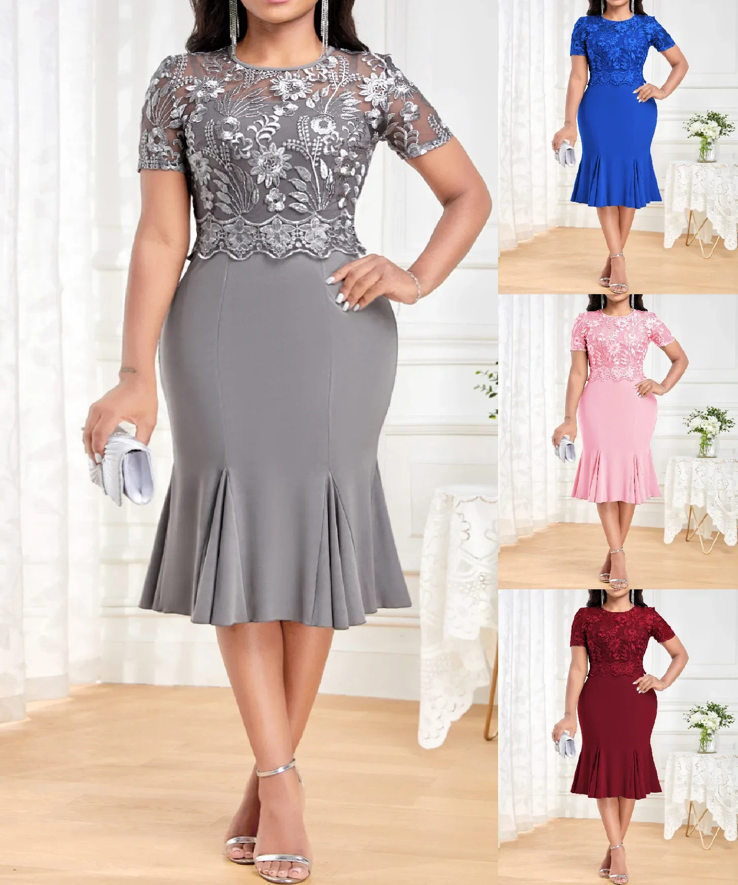 

Женское кружевное платье с коротким рукавом и круглым вырезом