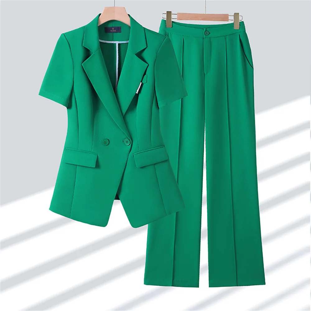 Fashion Women Two Pieces Set 2023 Summer Short Sleeve Jackets Coat + Pants Office Ladies Business Work Wear Formal Pant Sets