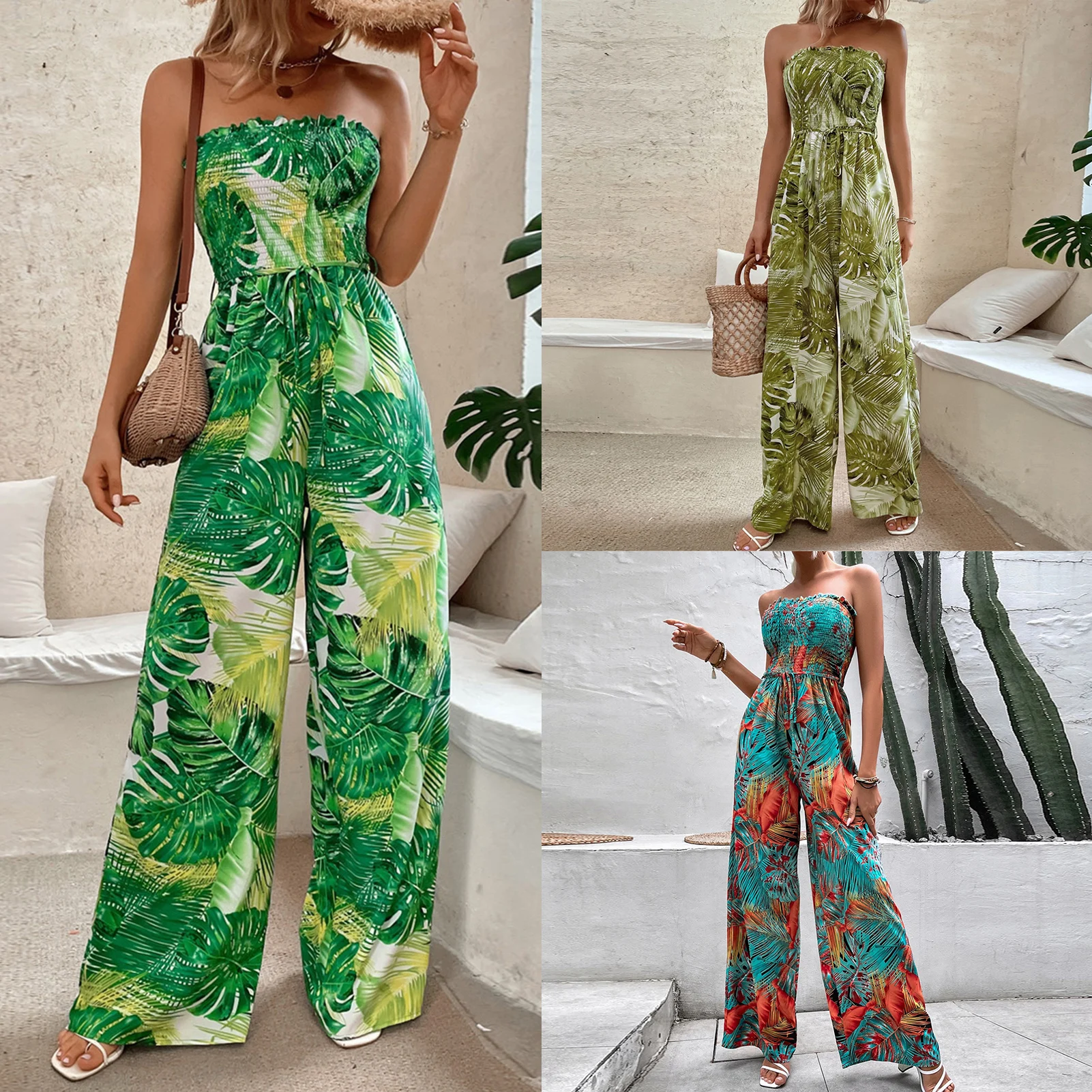 

2023 New Summer Women Jumpsuit Sleeveless Leaf Print Casual Long Pants Elegant Rompers womens Playsuit Overalls Holidays Outfit