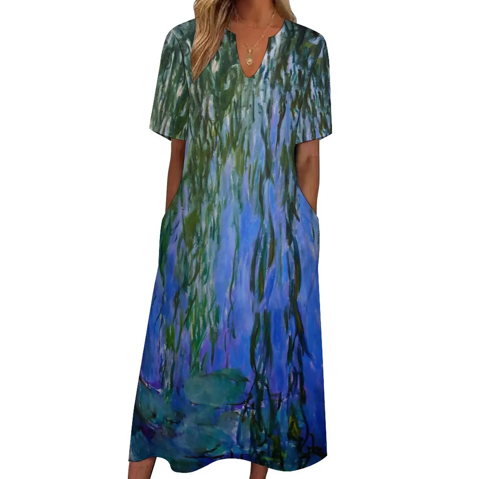 

Water Lily Print Dress Claude Monet Party Maxi Dress Street Fashion Casual Long Dresses Summer V Neck Graphic Vestido Big Size