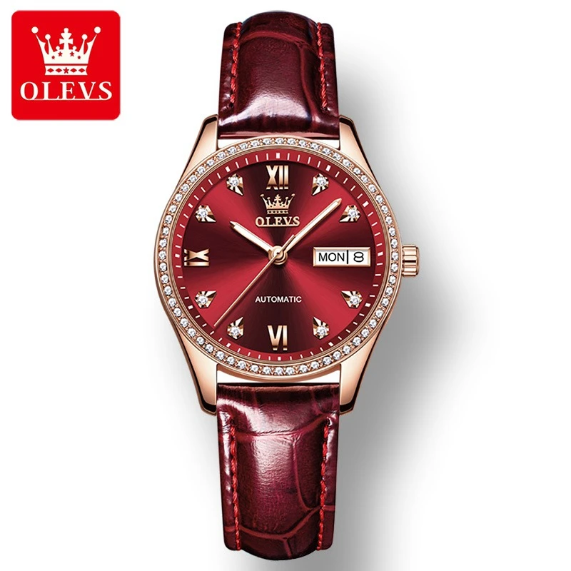 OLEVS 6637 механические модные часы с Круглым Циферблатом из натуральной кожи