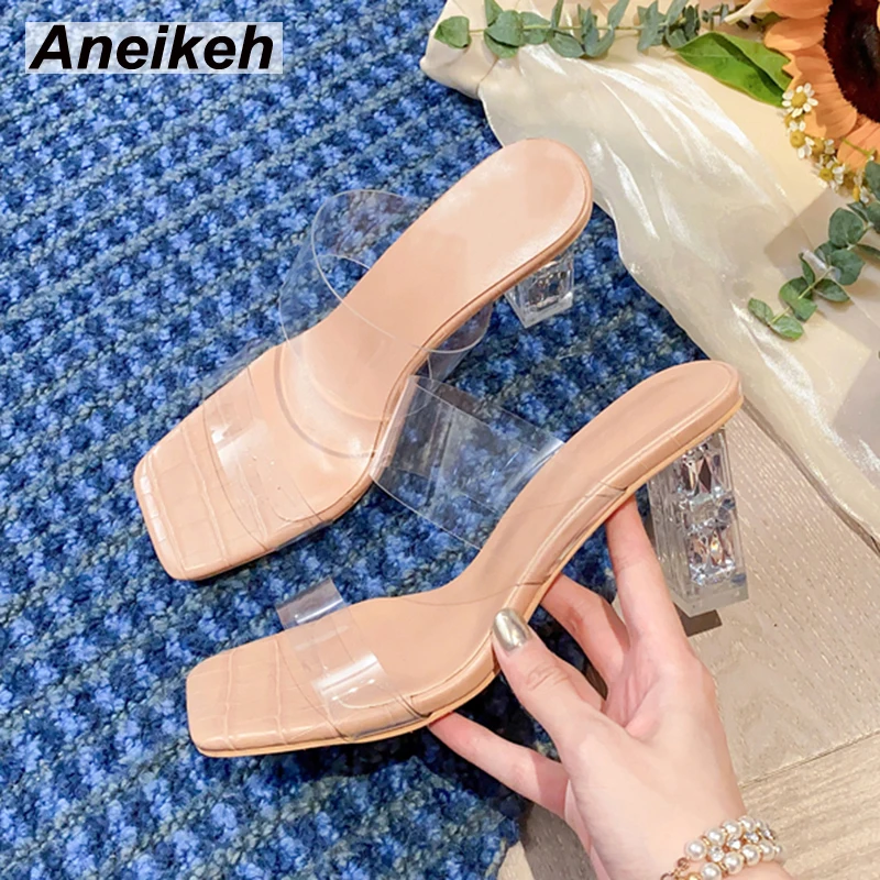 

Aneikeh NEW Summer Women's Mules Fashion Transparent PVC Square Open Toe Crystal Thin Heels Shallow Head Ladies Concise Slippers