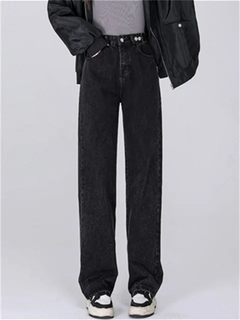 

Женские свободные прямые джинсы, новинка 2023, широкие брюки полной длины с высокой талией, винтажные уличные брюки серого и черного цветов