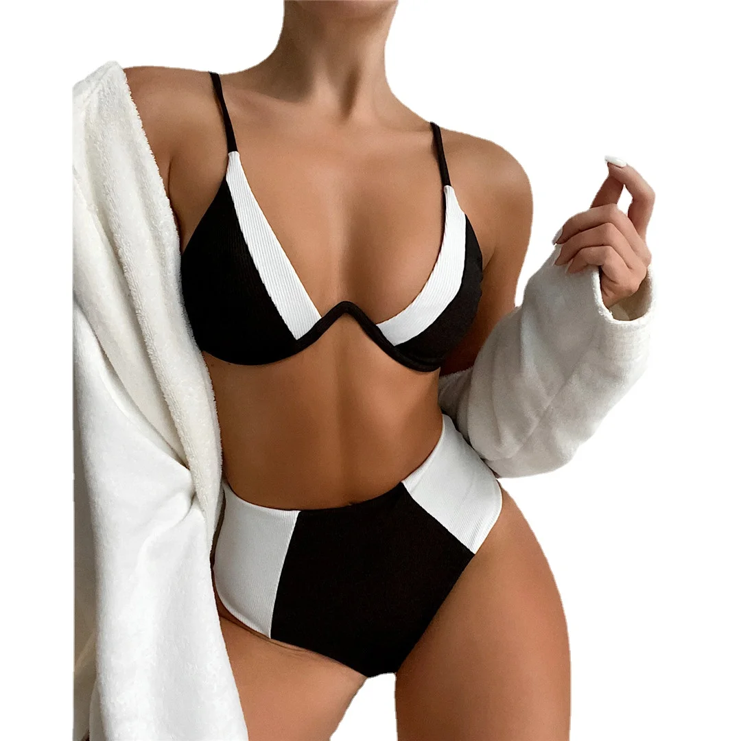 

Женский купальный костюм с V-образным вырезом, комплект бикини на косточках с высокой талией, женская одежда для плавания в стиле пэчворк, ку...