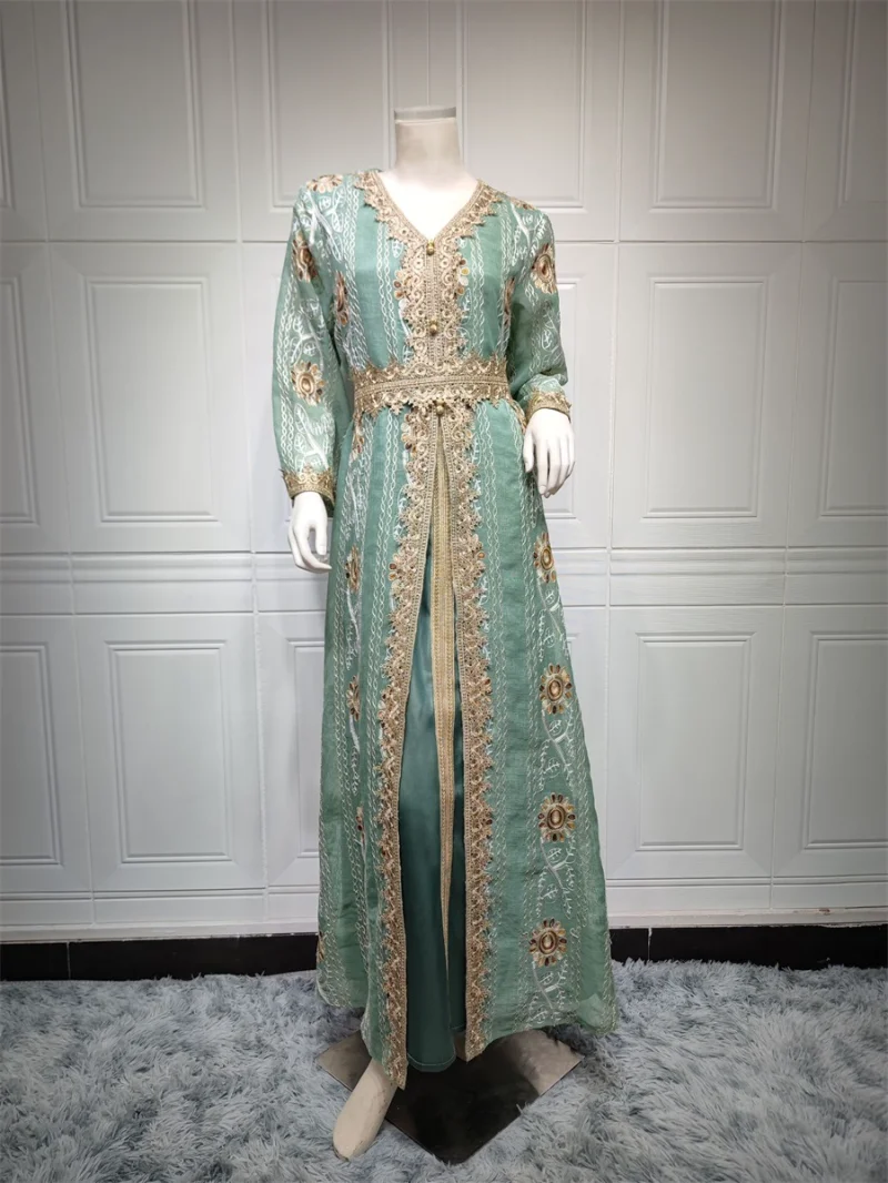 Gorgeous Party Evening Dresses for Women Corban Eid Al Adha New Moroccan Caftan Dubai Mesh Embroidery Lace Gold Tape Trim Abaya