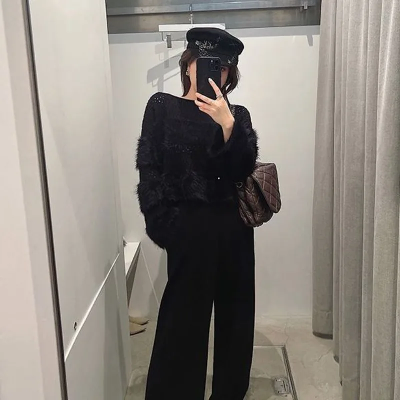 Ezgaga свитер женский с вырезом круглым пушистый лоскутный длинный рукав