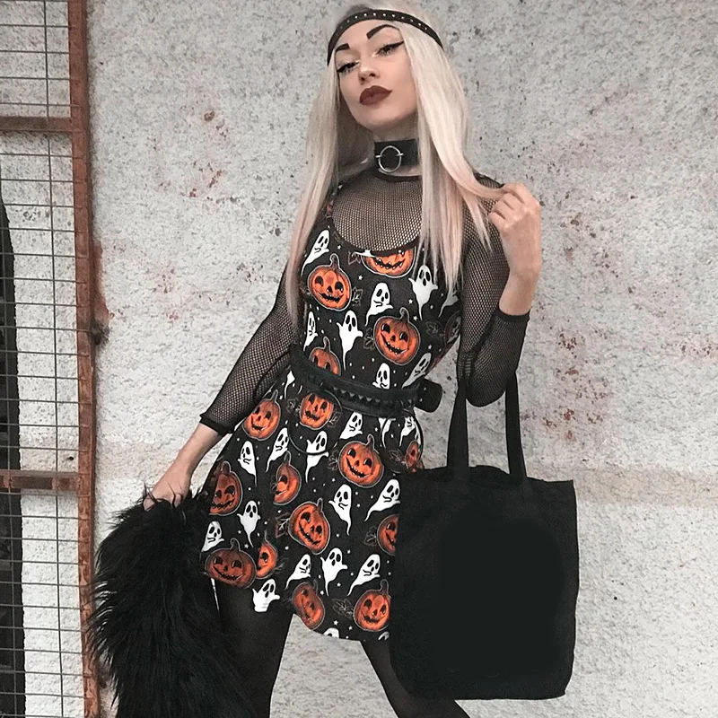

Combhasaki Women Sexy Goth Sling Dress Sleeveless Deeo O Neck Halloween Pumpkin Print Party Casual Spring Summer Mini Dresses