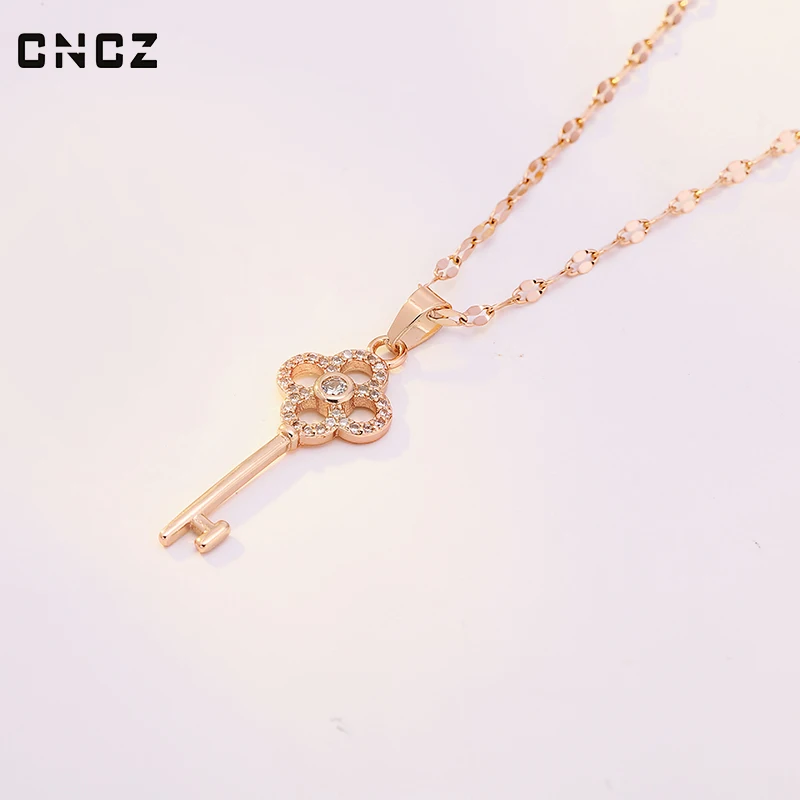 Key Shape Rose Gold Color Necklace Korean Style Women Girl Copper Pendant Paired With CNCZ Summer Fashion Clavicle Chain Jewelry