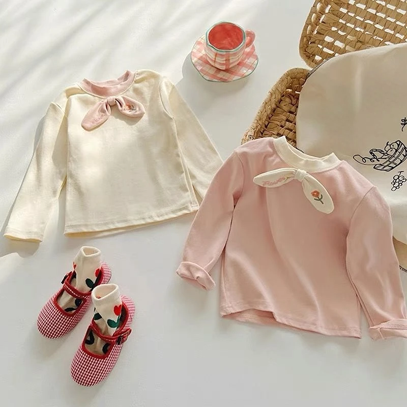

Children Clothes T-Shirt Kids Clothes Girls Spring Autumn Bow Floral Embroidery Tops Long Sleeve Clothes Kids Outfits