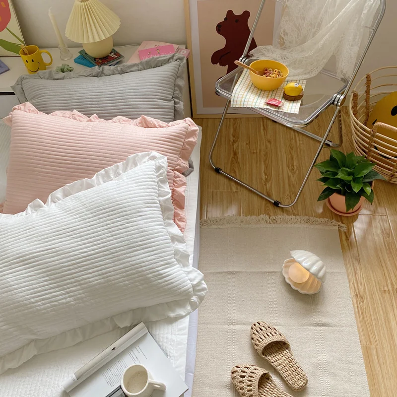 

South Korean super soft Chiffon quilted pillow case single thick foreign girl heart lotus leaf pillow case pair