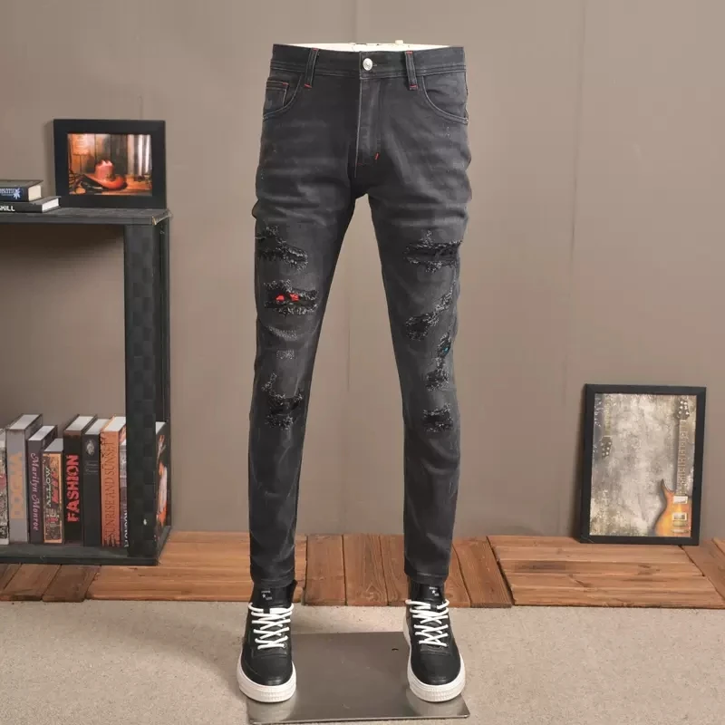 Newly Designer Fashion Men Jeans Retro Black Gray Stretch Slim Fit Hole Ripped Jeans Men Patch Designer Vintage Pants Hombbre