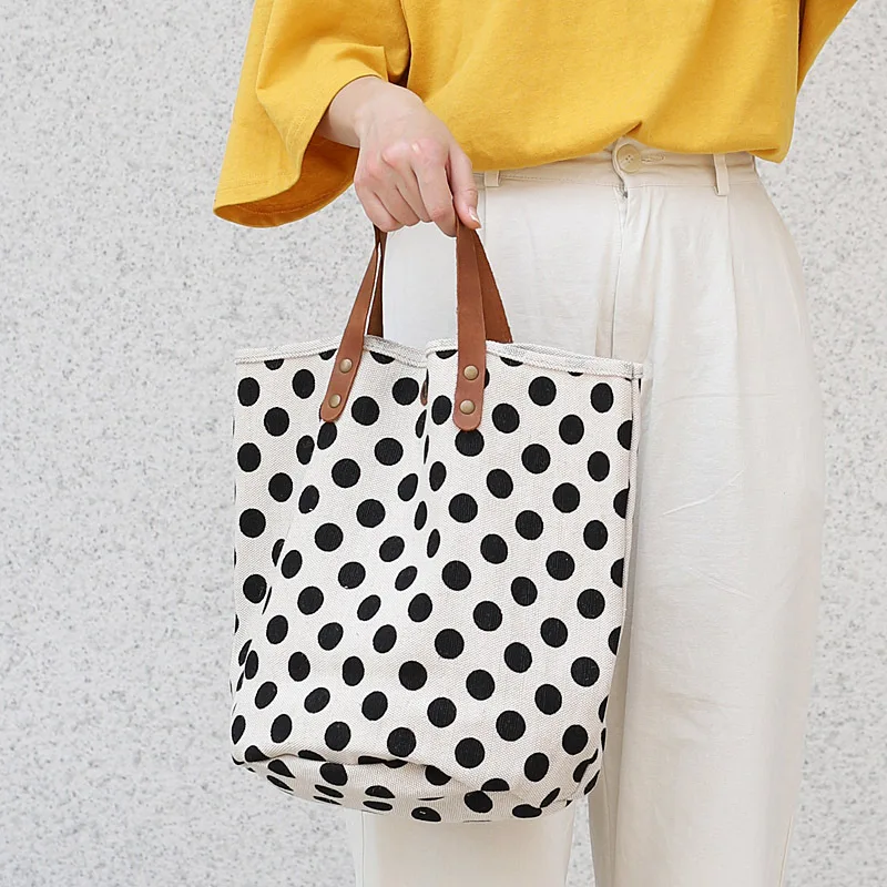 

Japanese Simple Wave Point Handbags for Women Leisure Mori Literary Canvas Bags Female Fashion Fresh Shopping Bucket Bags
