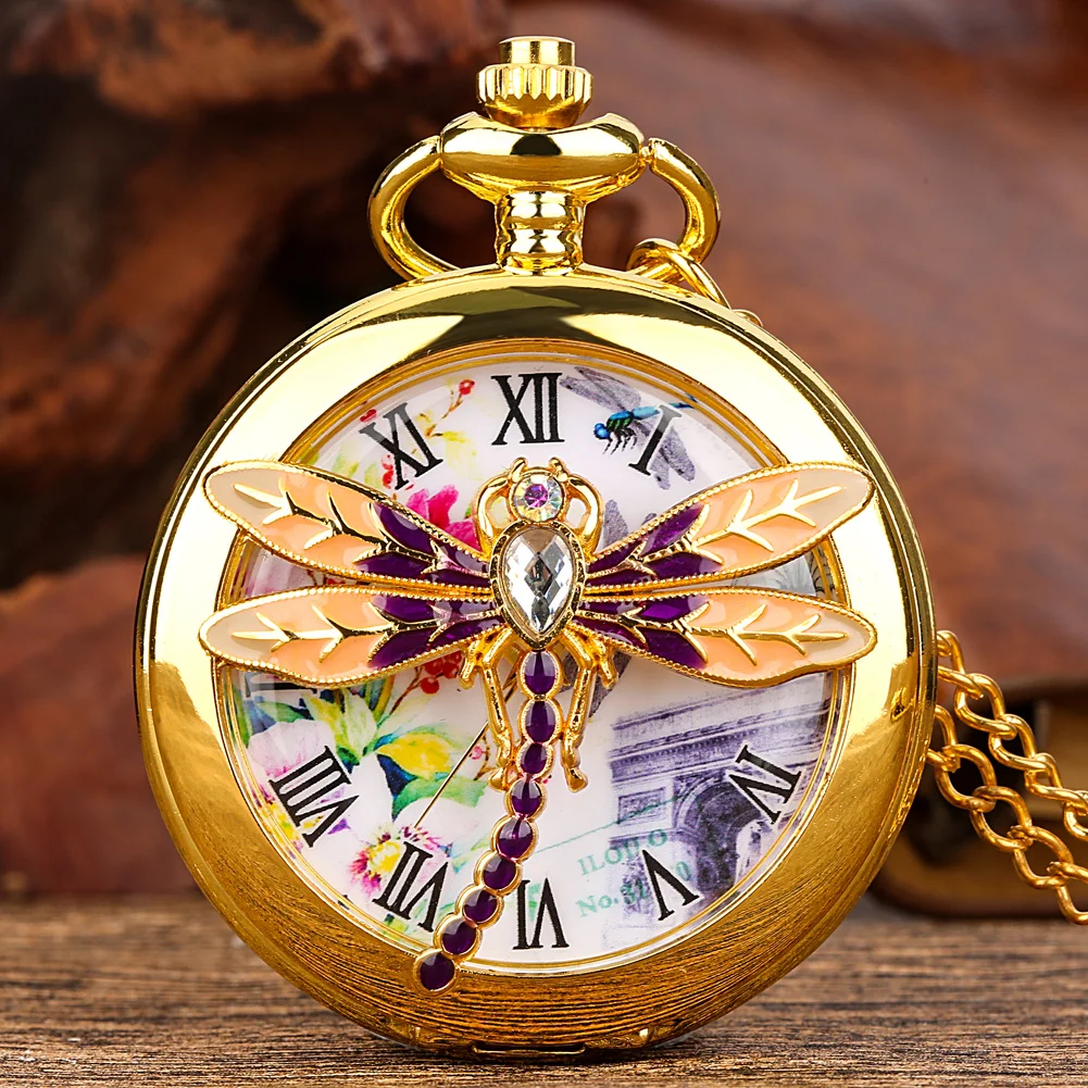 Crystal Diamond-encrusted Dragonfly Quartz Pocket Watch Charming Necklace Women's Pendant Chain Elegant Dress Match Fob Clock