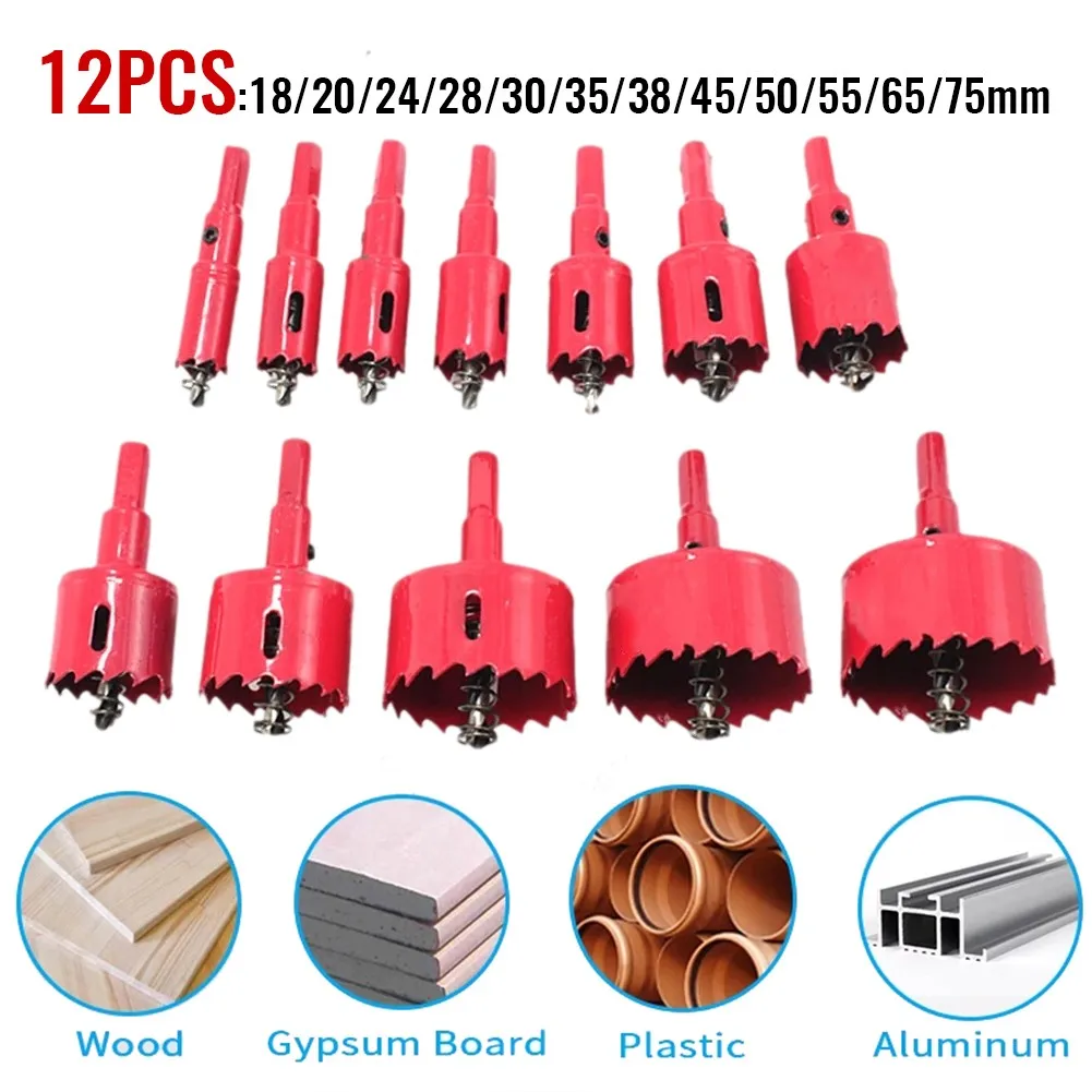 

12pcs 18 To 75mm M42 HSS BiMetal Hole Saw Cutter Drill Bit For Wood Plaster Board+ Rod For Aluminum Steel Casting Materials Wood