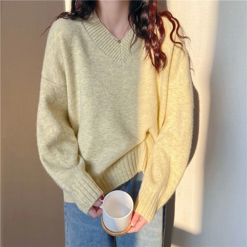 Women Spring Autumn Casual Loose Pullover Warm All-Match Tops Chic Streetwear Jumpers Vintage Solid Color V-Neck Knitted Sweater images - 6