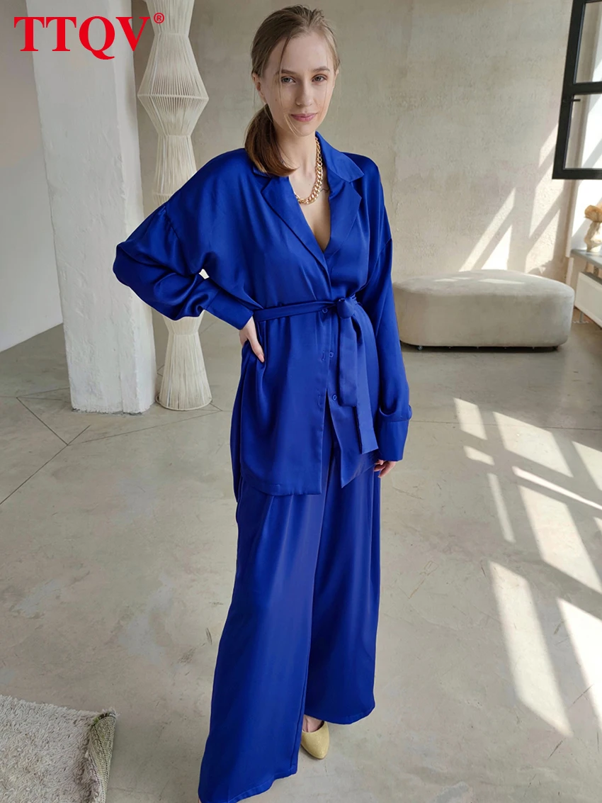 

TTQV Casual Simple Loose Two Piece Sets Womens Outifits Autumn Long Sleeve Lace-up Lapel Shirt And Wide Leg Pants Set Homewear
