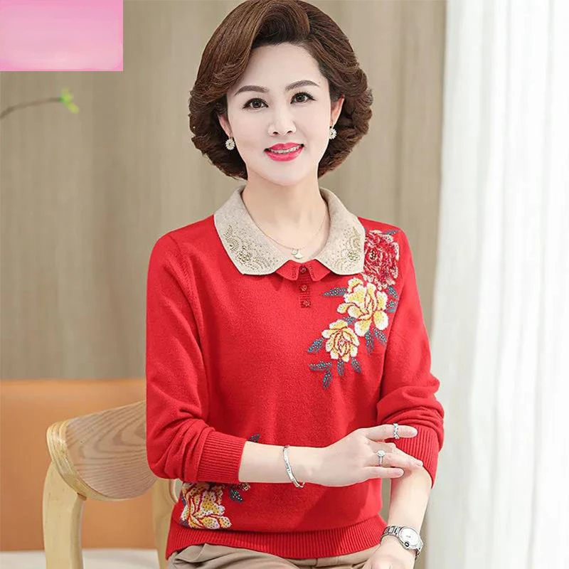 

Middle-aged Women Sweater Pullover Spring Autumn Mother Clothes Fashion Embroidery Long-sleeved Knitted Sweaters Jumper E548
