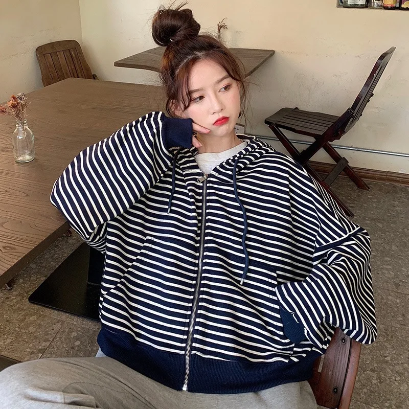 Women's Loose Versatile Striped Hoodie Zipper Cardigan Jacket 2022 Autumn Long Sleeve Drawstring Coat Ladies Street Wear Outside
