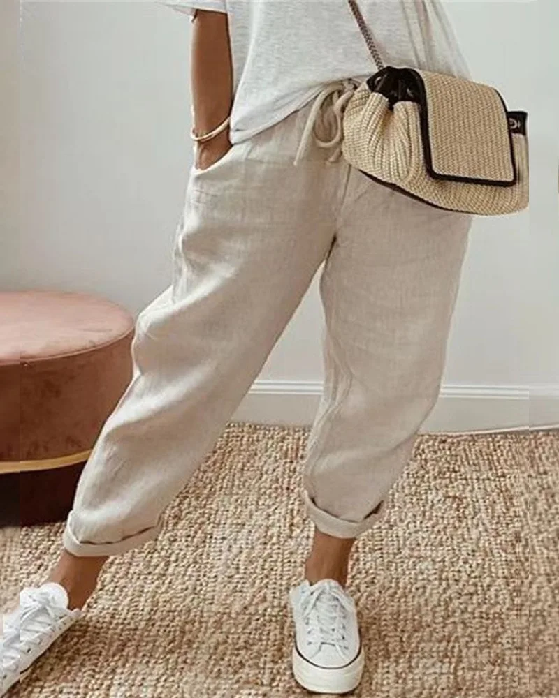 Drawstring Pocket Design Cuffed Pants Chic Fashion Summer Daily Casual Form-fitting Highstyle Woman Lanyard Long